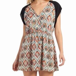 Geometric Print Fit & Flare Mini Dress Womens Multicolor Cap Sleeve